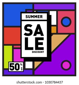 Summer holiday sale memphis style web banner. Fashion and travel discount poster. Vector holiday bbstract colorful illustration with special offer and promotion.