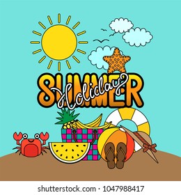 Summer holiday in a sand beach island with summer items. Vector Illustration.