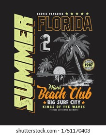 Summer holiday sea beach club t-shirt design and vector with palm trees vector . Typography Graphics. T-shirt Printing Design for sportswear apparel. CA original wear. Vintage. Florida Exotic place.