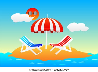 summer holiday sea scape, umbrella and chair on sand beach with sun clouds and blue sky background, vector art and illustration.summer season concept.