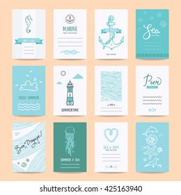 Summer holiday, sea vacation, ocean trip card, wedding flyer, party invitation, poster. Hipster collection of summertime templates, hand drawn design elements, marine symbols, illustration. Isolated.