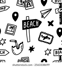 Padrão de rabiscar sem costura de férias de verão. Fundo vetorial para viajantes. Praia de verão