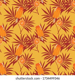 Summer holiday seamless pattern design, with popsicles ice-cream, leaves and orange for summer season background. Vector illustration.