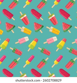 Summer holiday seamless pattern with fruit ice cream. Frozen juice from watermelon, kiwi, orange, strawberry, berries. Repeating vector background, for holiday, birthday, gift wrap, decoration.