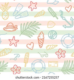 Summer holiday seamless pattern vector. Striped background with icons fruits, flowers, entertainment and recreation items. Print for textile, wallpaper, packaging, paper and design. Colorful template