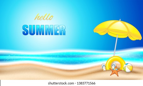 Summer holiday in seashore.Summer concept poster with beach ball, sunglasses, starfish and parasol, vector illustration