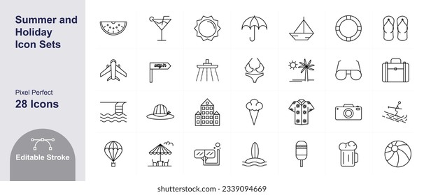 Summer and Holiday season Icon set for vacations | Editable Stroke | 28 icons