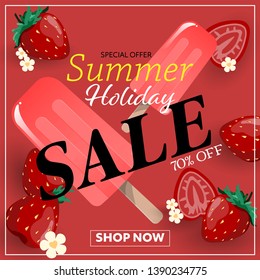 Summer holiday season sale banner of popsicles ice cream with strawberry fruits, little white flowers and Summer holiday sale text. Vector illustration.