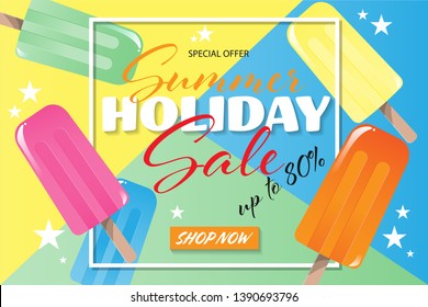 Summer holiday season sale banner template of Summer holiday sale text with cute popsicle ice cream on colorful background with white stars. Vector illustration.