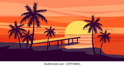 Summer holiday season. Tropical exotic beach sunset ocean sea. Silhouettes of palm trees, jetty, sun. Vector, illustration, isolated, poster, banner, invitation