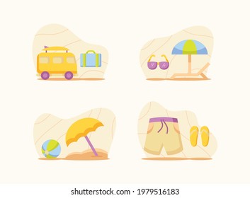 summer holiday set collection package with color cartoon flat style