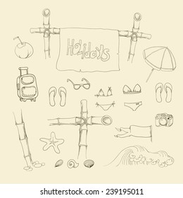 Summer holiday set with footprints in sand. Vector illustration.