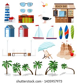 Summer holiday set isolated on white background: sailboat, surf board, sand castle, chaise lounge, hut, seagull, beach bar, palms. sunglasses, cocktail, lighthouse. Flat design vector illustration.