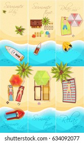 Summer holiday set of posters top view with coast, boats, palm trees, beach elements isolated vector illustration