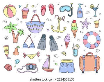 Juegos de verano, armarios para viajar y relajarse en la playa. Dibujo lineal, color pastel suave, libro de colores. Ilustración vectorial al estilo infantil de dibujos animados. Clíparte divertida aislada.