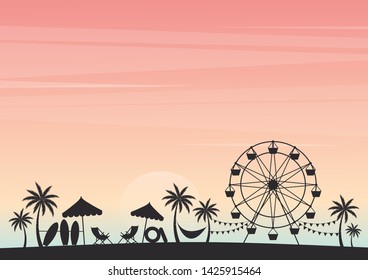 Summer holiday. Silhouette palm tree with Ferris wheel, umbrella, and beach chair on beach under sky sunset. Cartoon style. Party summer background. Vector illustration.