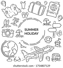 Summer Holiday sketching doodle icons set, Trendy and lovely hand drawn style isolated on white background