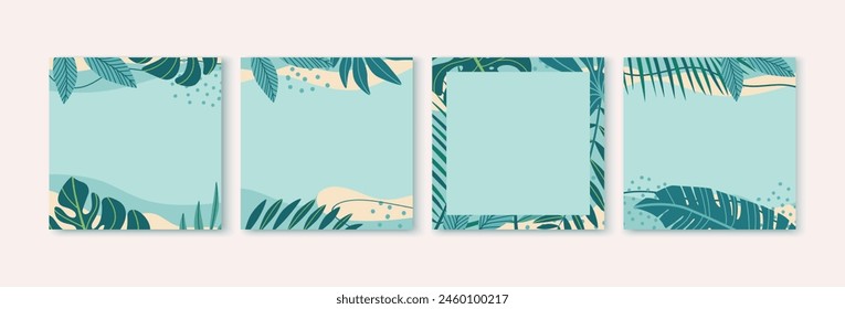 Plantillas de publicación de medios sociales de vacaciones de verano. Colección en diseño plano. Concepto de verano con hojas tropicales. Ilustración estándar.
