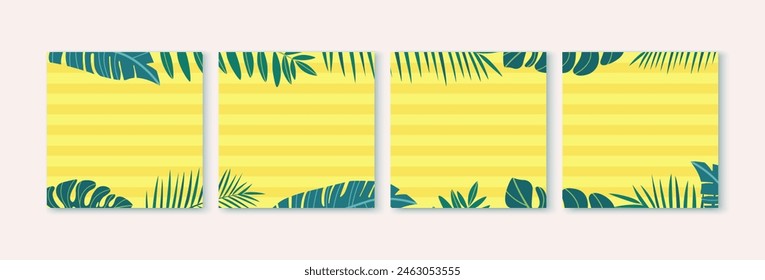 Summer holiday social media post templates set. Collection in flat design.Summer concept with tropical leaves. Stock illustration.
