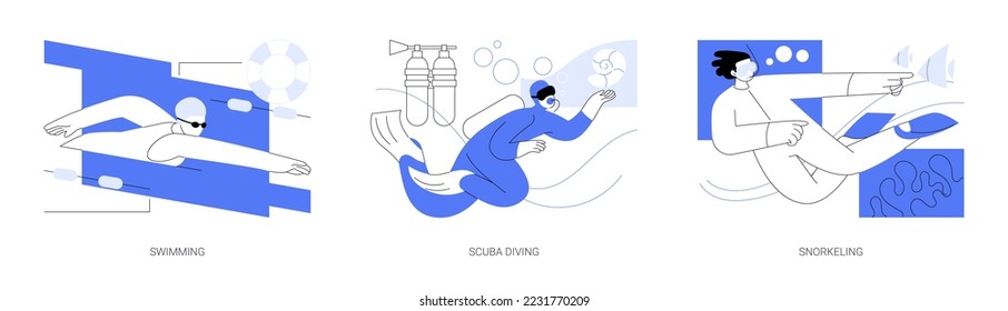 Juego de ilustraciones vectoriales abstractas del deporte de vacaciones de verano. Natación, buceo y snorkel, arrecife de coral, turismo activo, viajes exóticos, máscara de buceo, metáfora abstracta de estilo de vida activo.