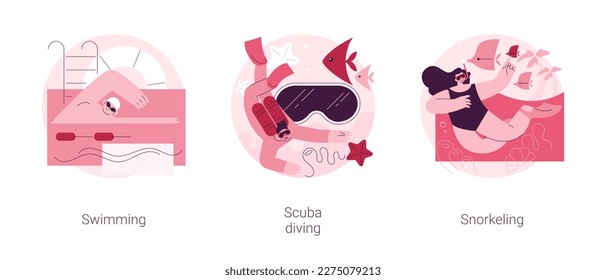 Summer holiday sport abstract concept vector illustration set. Swimming, scuba diving and snorkeling, coral reef, active tourism, exotic travel, snorkel mask, active lifestyle abstract metaphor.