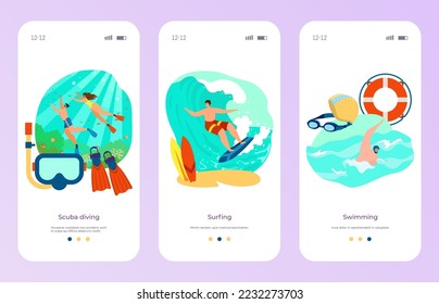 Summer holiday sport scuba diving, surfing and ocean swimming online website landing template flat vector illustration, remote mobile application.