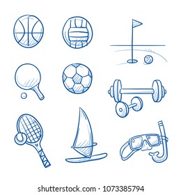 Summer holiday sports icon set, with tennis, golf, wind surfing, volleyball, soccer, basketball, gym. Hand drawn line art cartoon vector illustration.