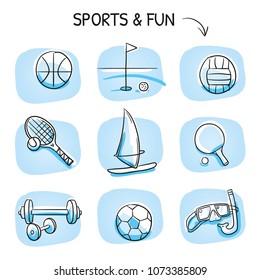 Summer holiday sports icon set, with tennis, golf, wind surfing, volleyball, soccer, basketball, gym. Hand drawn cartoon sketch vector illustration, marker style coloring on blue tiles.