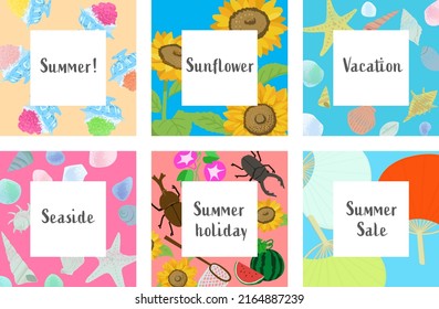 Summer holiday square vector frame set. Sunflower, shell, sea glass, japanese fan. 