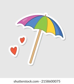 Summer holiday sticker. Bright icon with colorful beach umbrella to protect from sun and cute hearts. Relaxation or vacation at sea. Cartoon flat vector illustration isolated on beige background