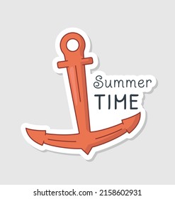 Summer holiday sticker. Bright icon with sunken anchor from yacht or ship and cute inscription. Badge for printing. Vacation at sea. Cartoon flat vector illustration isolated on beige background