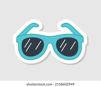 Summer holiday sticker. Bright icon with beautiful blue sunglasses. Accessory for warm season. Vacation or relaxation on beach or sea. Cartoon flat vector illustration isolated on beige background