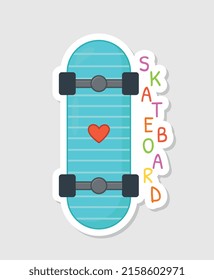 Summer holiday sticker. Icon with blue skateboard and multicolored inscription. Vehicle for hobby and skiing. Vacation or relaxation. Cartoon flat vector illustration isolated on beige background