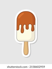 Summer holiday sticker. Icon with delicious refreshing ice cream with chocolate or creamy popsicle. Sweet dessert. Badge for printing. Cartoon flat vector illustration isolated on beige background