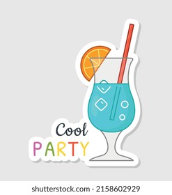 Summer holiday sticker. Icon with glass of delicious fruit or alcoholic drink with ice and orange. Cool party on beach. Vacation at sea. Cartoon flat vector illustration isolated on beige background