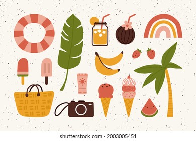 Summer holiday sticker pack cute elements doodle illustration