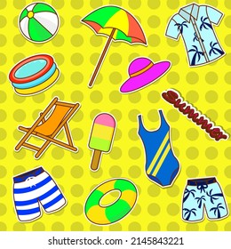 Summer holiday stickers.  Swim shirts, swim trunks, hats, balls, umbrellas, underwear, sunglasses, rubber rings, beach chairs and ice cream. Doodle vector illustration.