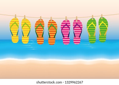 summer holiday striped flip flops hang on a leash on the beach vector illustration EPS10