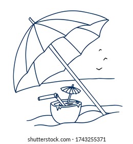 summer holiday sun parasol, sea, sand, cocktail line vector illustraion hand-drawn doodles isolated fo white background
