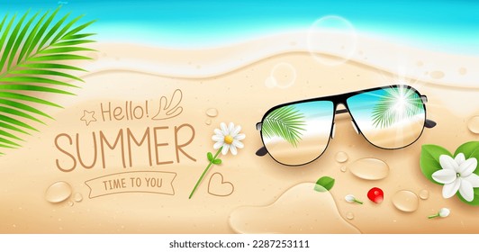 Summer holiday sunglasses, water drop, jasmine flower coconut leaf, poster flyer on sand beach, Eps 10 vector illustration
