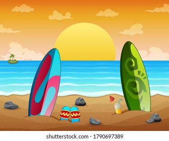 Summer holiday sunset beach scene with surfboards on sand