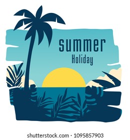 Summer Holiday Sunset Jungle Leaves Coconut Tree Background Vector Image
