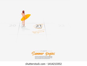 Summer Holiday. Surfer girl standing with surfboard on the beach Woman holding surfboard in her hand marked date Summer season start on calendar 21th June 2019. Summer Activity. Vector Illustration.