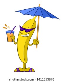 Summer Holiday Symbol, Cartoon Banana Character with Beach Parasol, Sunglasses and Cocktail, Isolated on White Background. Vector