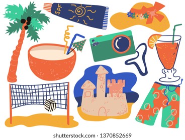 Summer Holiday Symbols Set, Cocktail, Shorts, Camera, Sunscreen, Sand Castle, Straw Hat, Beach Volleyball Vector Illustration