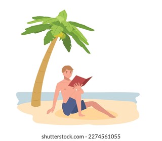 summer holiday theme. Happy man on the beach reading chilling on book. Flat vector illustration.
