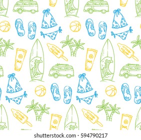 Summer holiday theme seamless background in doodle style