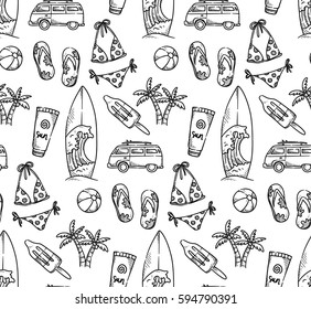 Summer holiday theme seamless background in doodle style