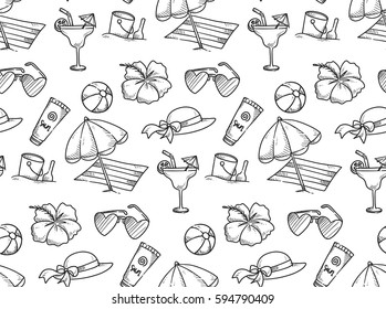 Summer holiday theme seamless background in doodle style