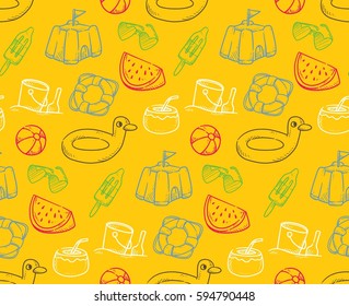 Summer holiday theme seamless background in doodle style